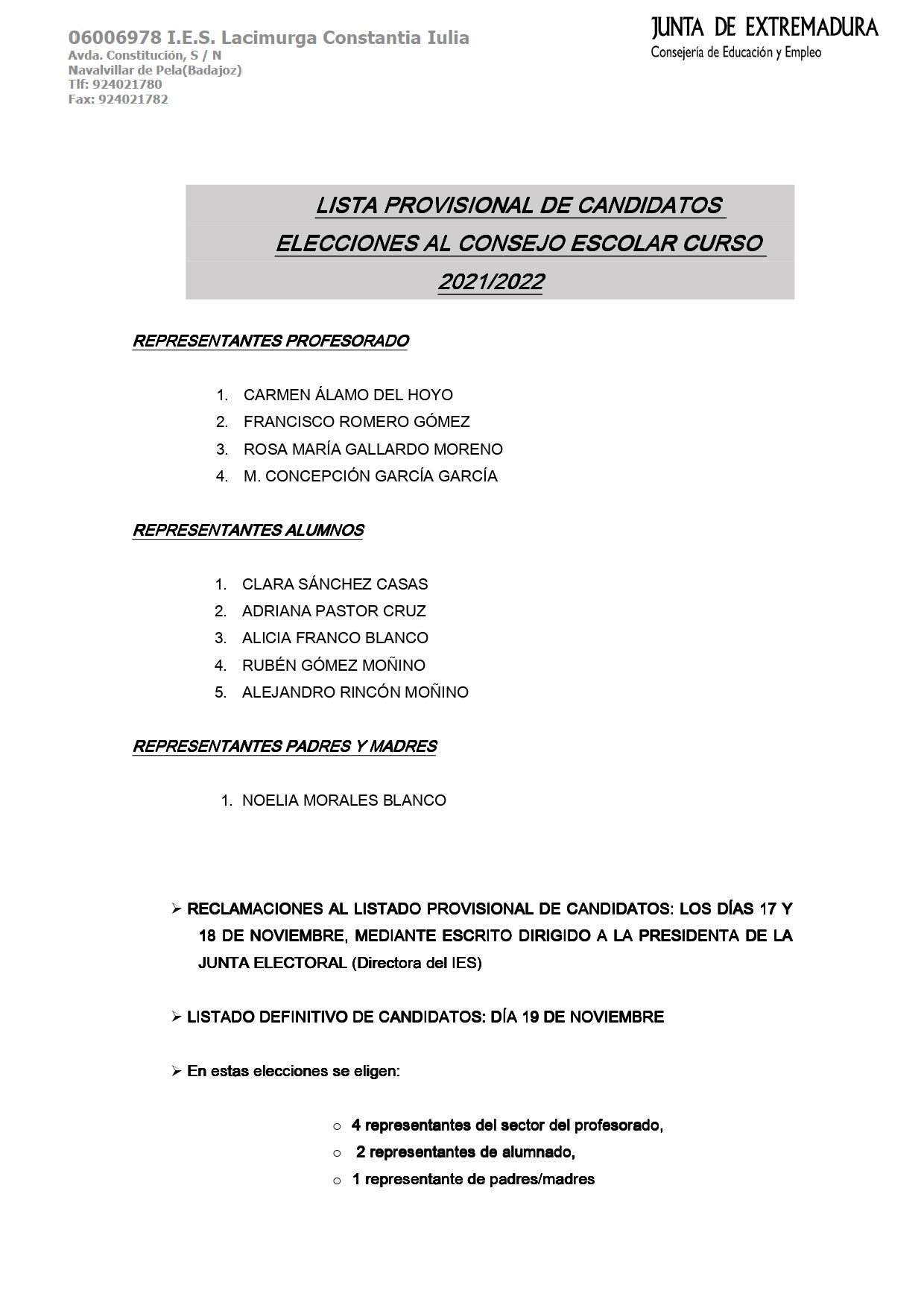 CONSEJO ESCOLAR candidatos 2021